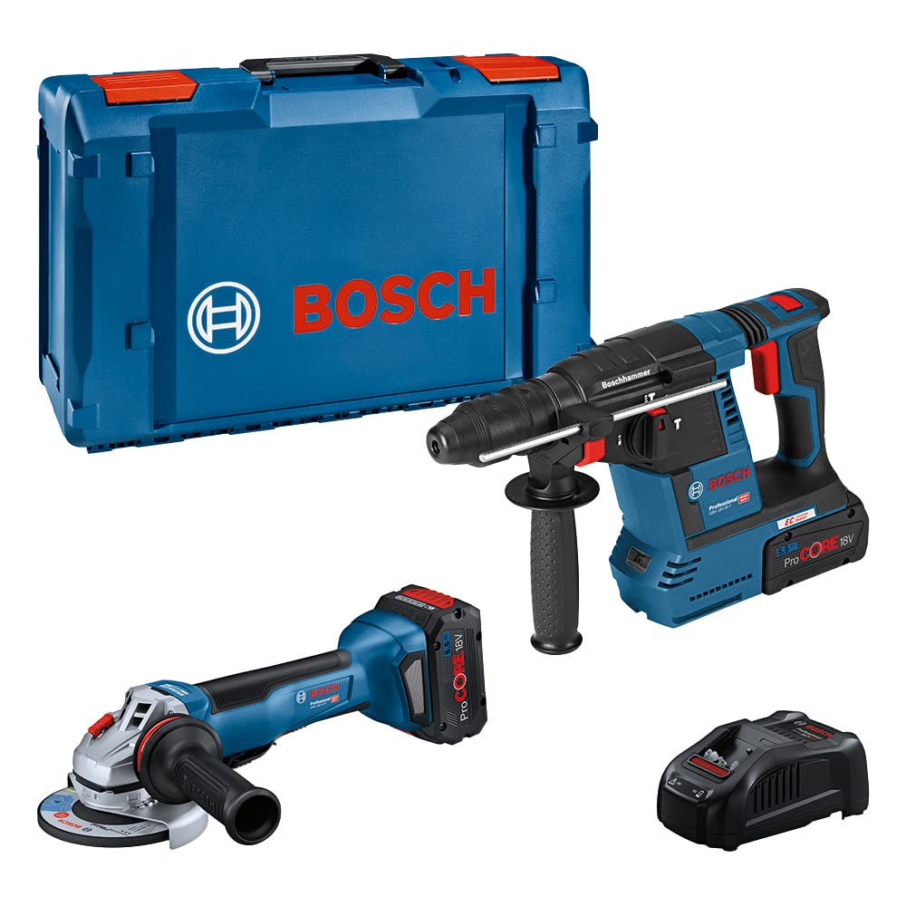 Bosch Professional 18 V System GWS 18V-10 P + GBH 18V-26 - Set amoladora + martillo perforador a batería (2 baterías ProCORE18V x 5.5 Ah, en XL-BOXX)