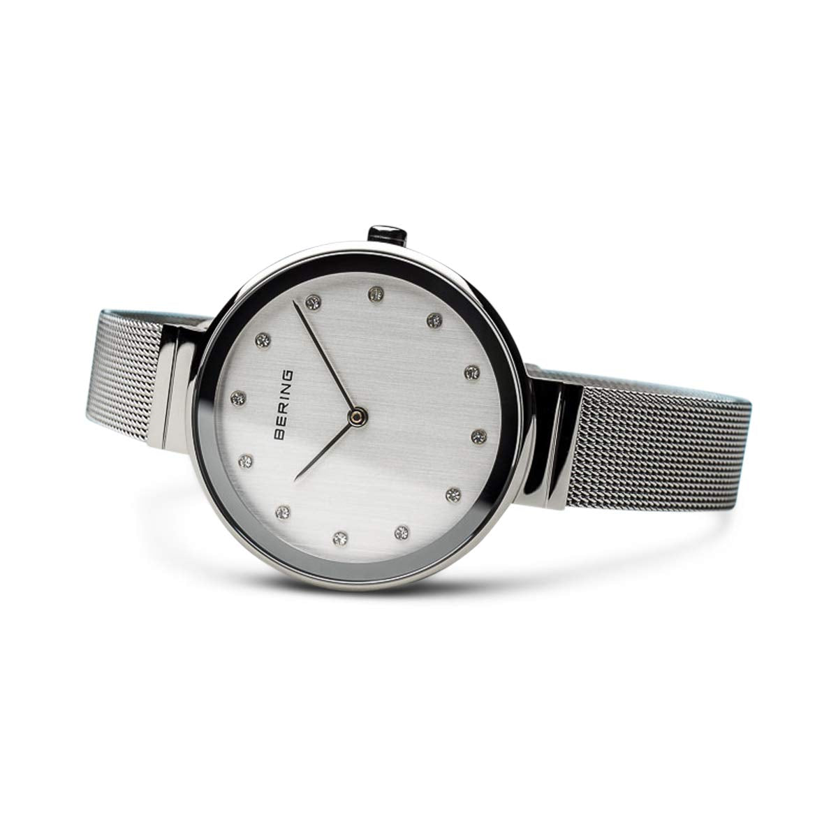 BERING 12034-000 Reloj de cuarzo para mujer con caja de acero inoxidable plateado de 34 mm y esfera plateada, correa milanesa, cristal de zafiro y resistencia al agua de 3 ATM