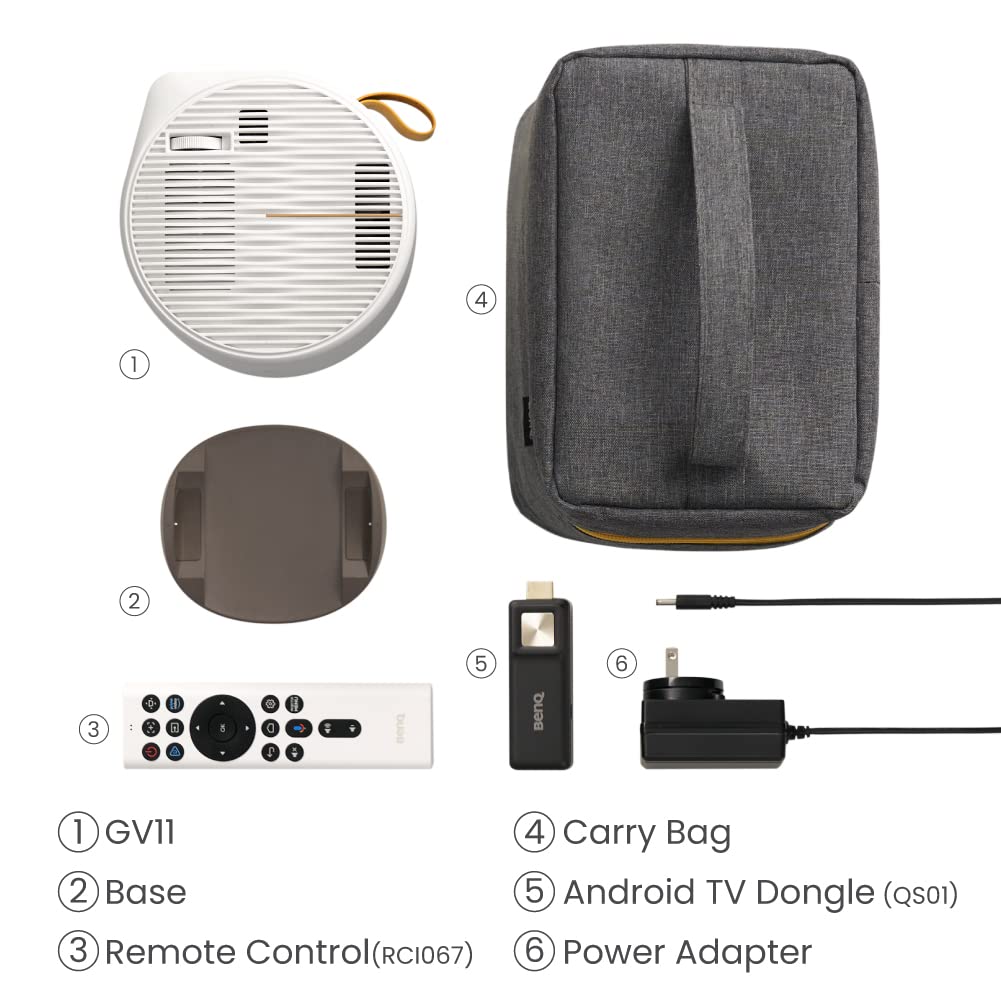 Mini proyector portátil BenQ GV11 ángulo de proyección de 135grados hacia el Techo, Extensiones de Graves de 270grados, Android TV 10, Blanco