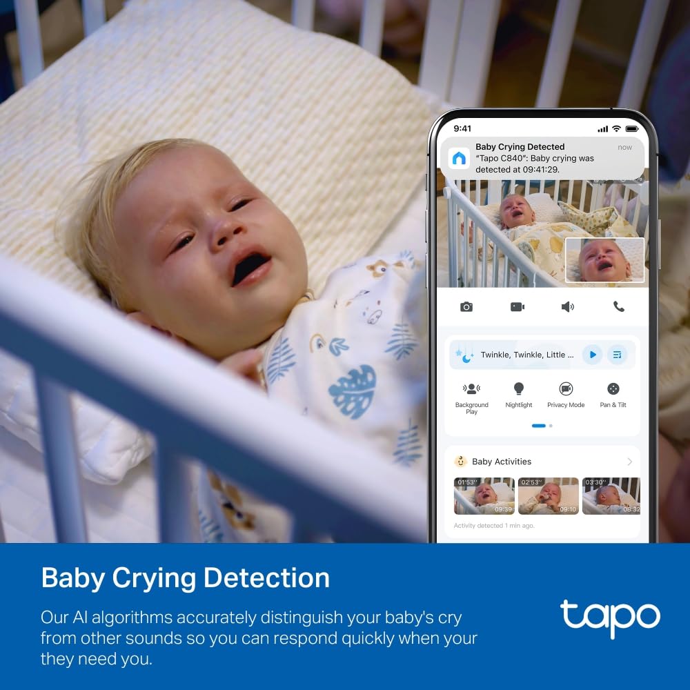 Tapo C840 - Cámara Inteligente de Lentes Dobles – Monitor para Bebé 2 K 4 MP + 1080p, Pan/Tilt, Visión Nocturna Invisible, Detección AI, Audio Bidireccional