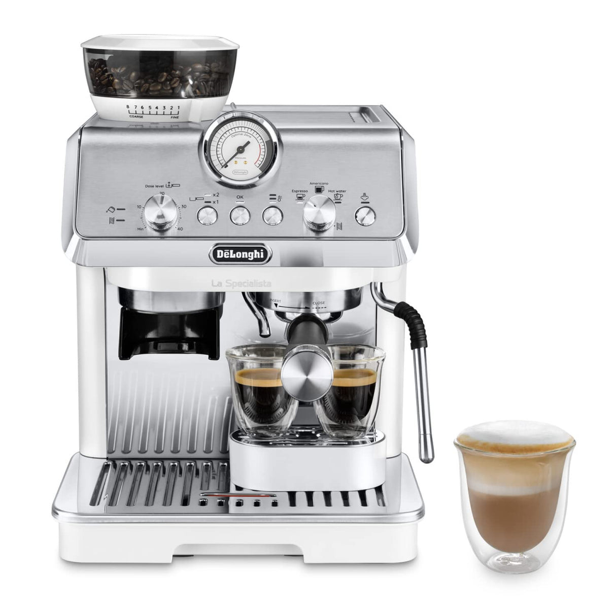 De'Longhi La Specialista Arte EC9155.W, Cafetera Expresso Manual, Tecnología de Molido con Sensor y 8 Ajustes, Control Activo de la Temperatura, Espumador de Leche MyLatte Art, 1550 W, Blanco
