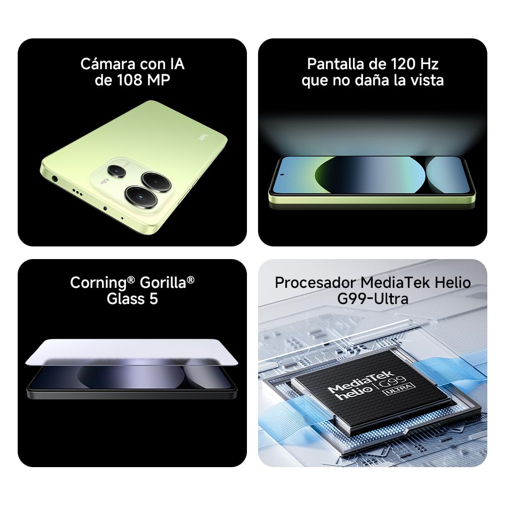 XIAOMI Redmi Note 14 - Smartphone de 8+256GB, Pantalla de 6.67" AMOLED FHD+ 120Hz, MediaTek Helio G99-Ultra, cámara de 108MP, TurboCharge 33W, 5500 mAh, Cargador no Incluido, Verde (Versión ES)