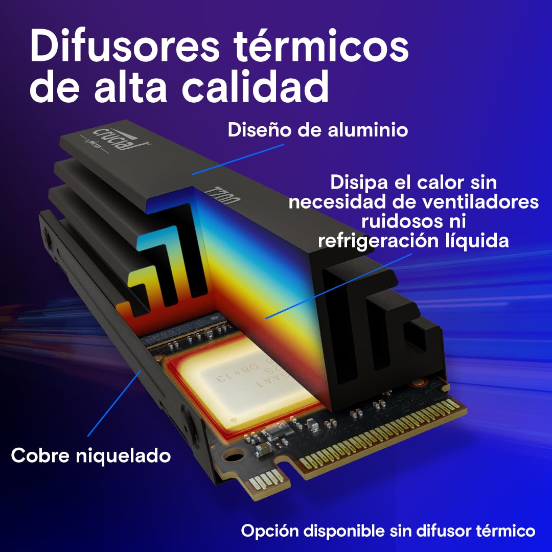 Crucial T700 SSD 4TB PCIe Gen5 NVMe M.2 SSD Interno Gaming con Disipador Premium, Hasta 12.400MB/s, Microsoft DirectStorage, Compatibilidad PCIe 4.0, Disco Duro SSD - CT4000T700SSD5