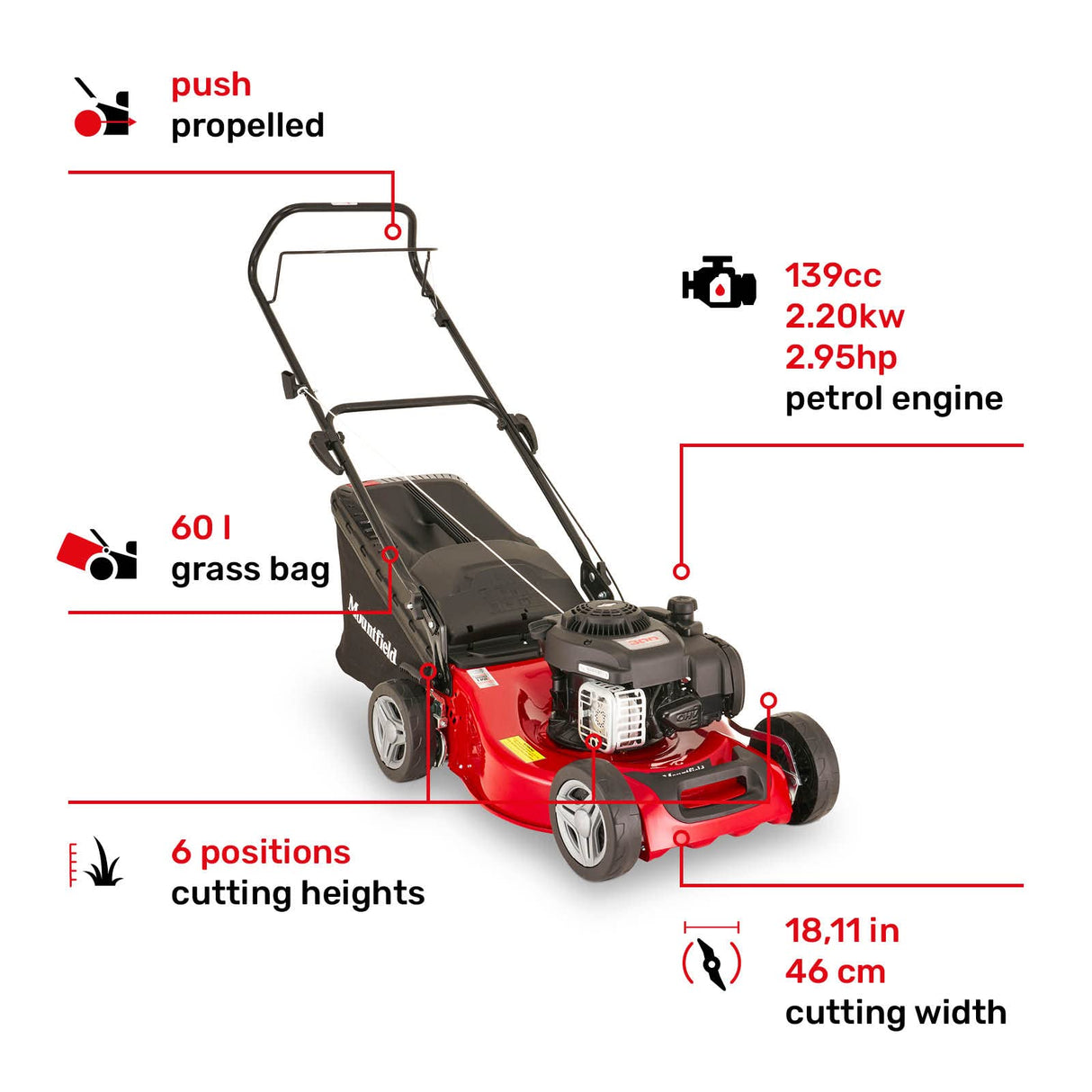 Mountfield Cortacésped de propulsión Manual, Modelo HP185, Rojo y Gris, artículo 2L0481043/MC