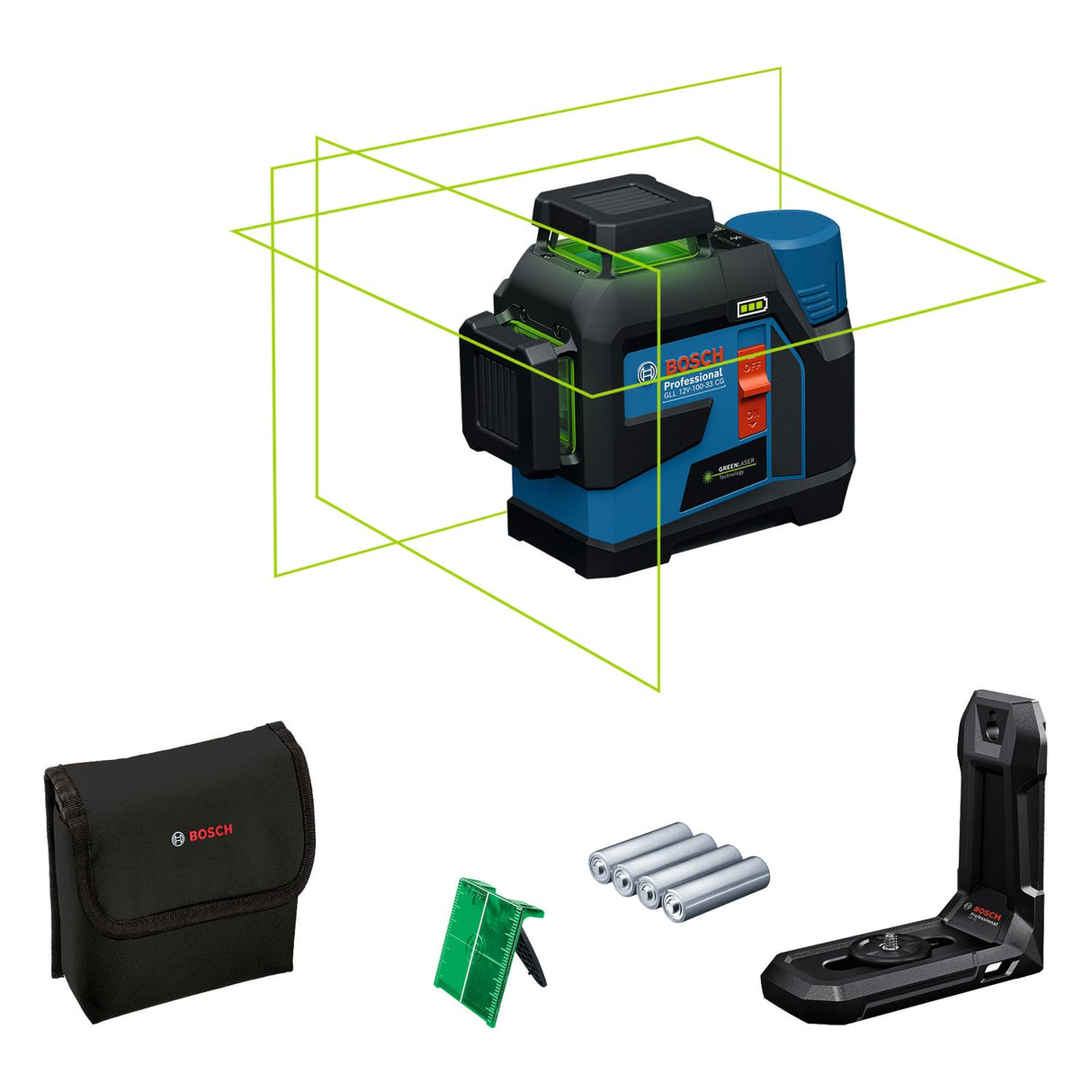 Nivel láser GLL 12V-100-33 CG de Bosch Professional (tres láseres verdes de 360°, 100 m de alcance (radio) con receptor, Levelling Remote, IP 65, LB 10, 4 x 1,5 V LR6 (AA), adaptador AA1, funda)