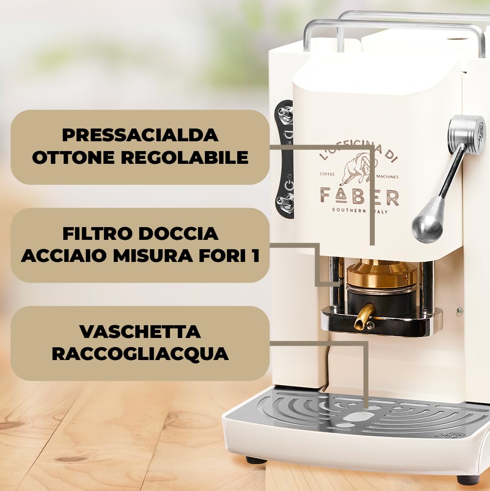 FABER COFFEE MACHINES | Modelo Pro Deluxe | Cafetera monodosis ese 44 mm | acabados cromo | Prensacialda de latón (Pure White)
