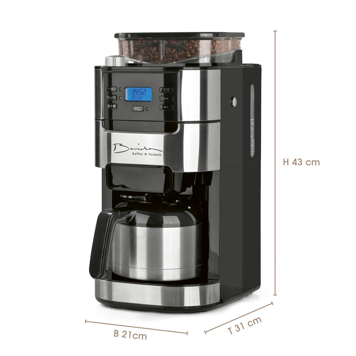 Barista Cafetera de filtro con molinillo con jarra térmica, incluye jarra térmica para hasta 10 tazas grandes de café, para granos de café y café en polvo [acero inoxidable, negro/gris
