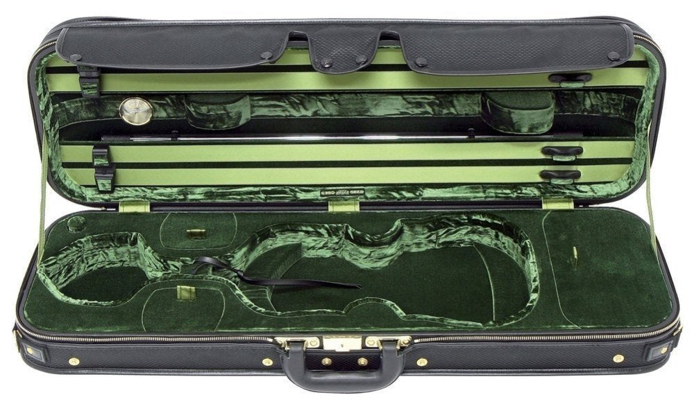 Estuche de violín GEWA Jaeger Prestige, Estuche de violín De Luxe, Made in Germany, exterior negro con aspecto de carbono, interior verde