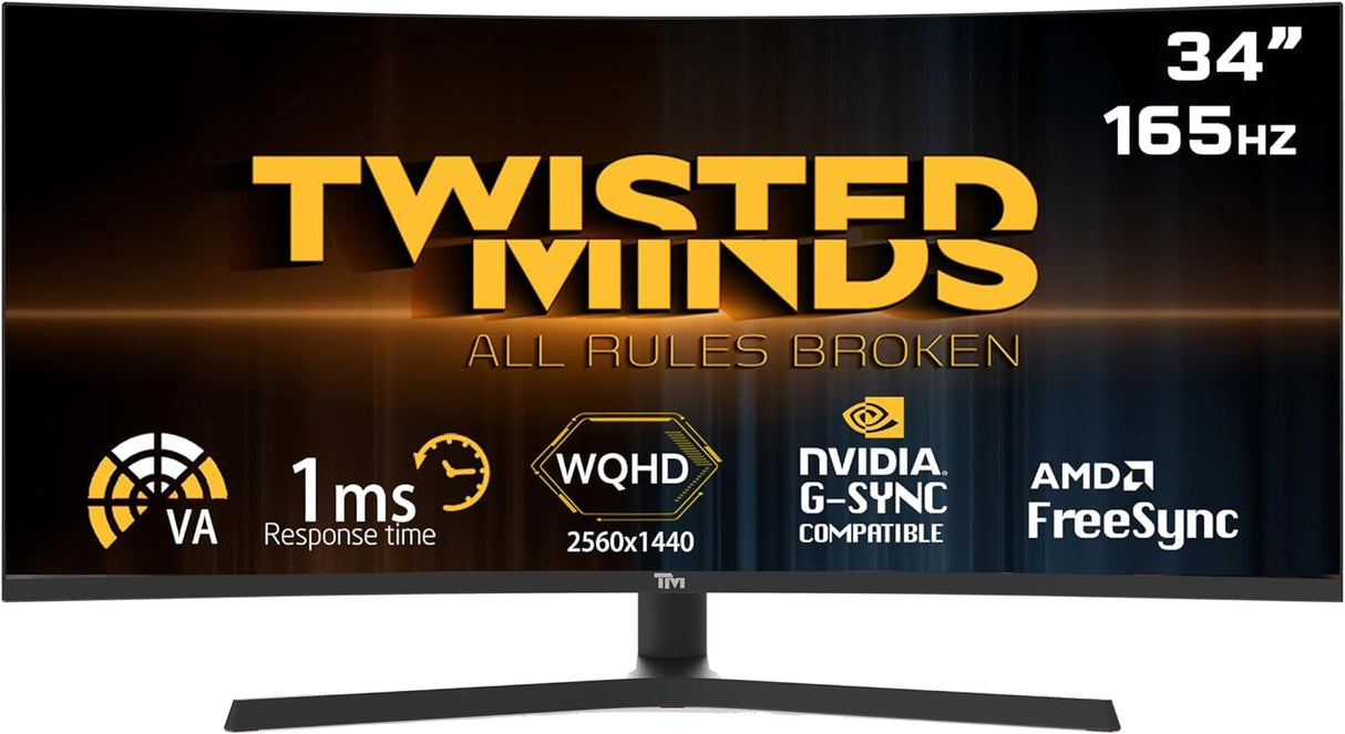 Twisted Minds Monitor para Gaming, Pantalla de 34 Pulgadas Fast IPS - Resolución 2560 x 1440 FHD, frecuencia actualización 165 Hz, relación Aspecto 21:9, Tiempo Respuesta 1 ms - Negro (TM34RWA)
