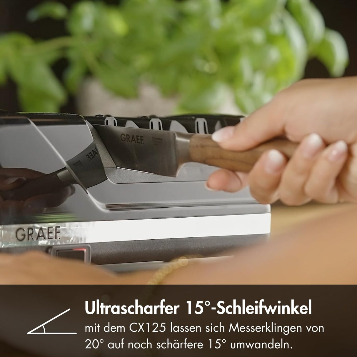 GRAEF CX125 Afilador eléctrico 3 niveles, ángulo 15°, recubrimiento de diamante, para cuchillos de cocina, caza, industriales y dentados, hojas ultra afiladas, negro