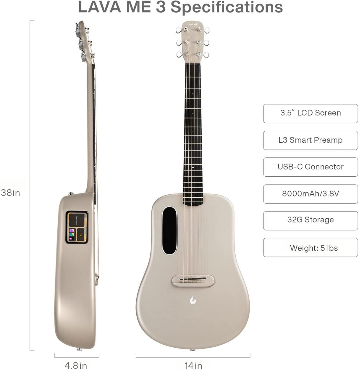 LAVA ME 3 Smart Guitarra 38 Pulgadas Guitarra Acústica de fibra de carbono con afinador, múltiples efectos de rendimiento, adecuada para principiantes, adultos (Piano Bag, Oro)
