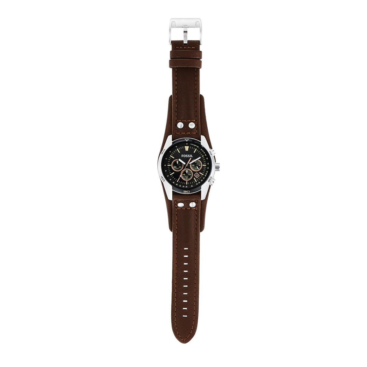 Fossil Reloj para hombre Coachman, movimiento cronógrafo de cuarzo, caja de acero inoxidable plateado de 44mm con correa de piel auténtica, CH2891