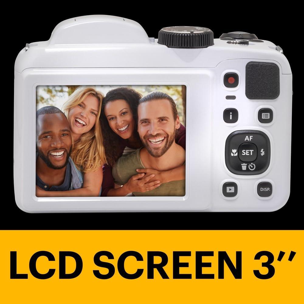 KODAK Pixpro Astro Zoom AZ255 + Tarjeta de Memoria SD de 32 GB – Cámara de Puente Digital de 16 MP, Zoom 25X, Video HD 1080p, Gran Angular de 24 mm, Pantalla LCD 3, Pila AA – Blanco