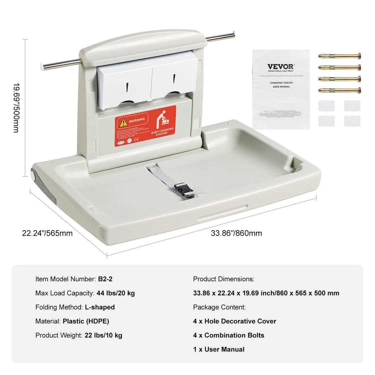 Cambiador de Pared Plegable de Plástico HDPE Mueble Cambiador Carga Máxima de 20 kg con Correa de Seguridad Plegado Rápido con Un Solo Toque Instalación Fácil para Bebé, 86x56,5x50 cm
