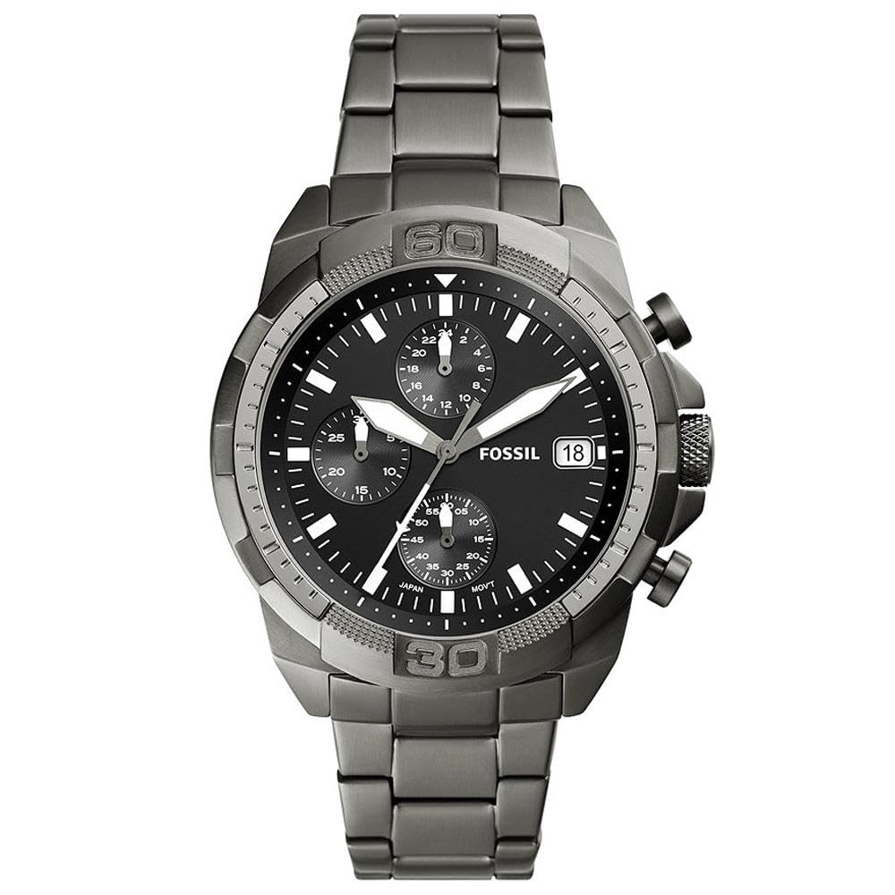 Fossil Reloj para hombre Bronson 44mm, movimiento de cuarzo cronógrafo, caja de acero inoxidable ahumado de 44mm con correa de acero inoxidable, FS5852