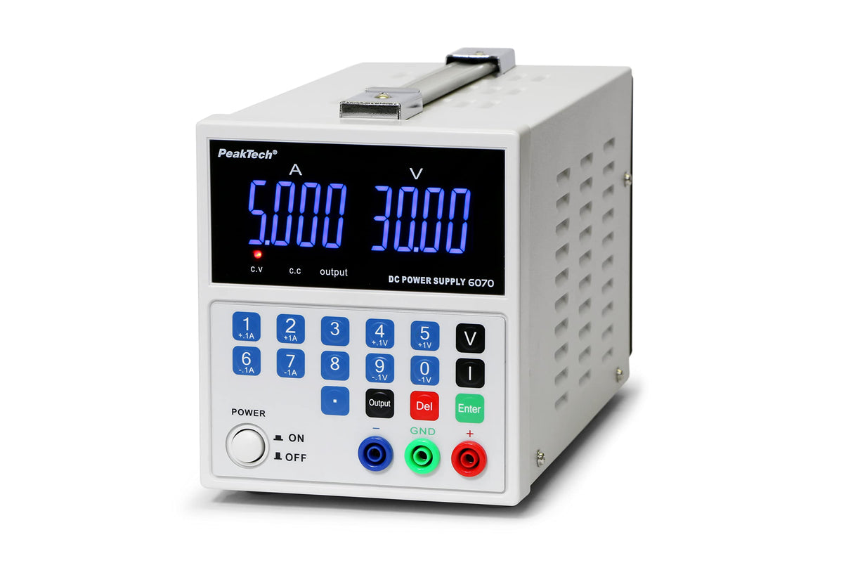 PeakTech 6070 – Fuente de alimentación 0-30V / 0-5A, ajustable, DC con USB y pantalla LED, conmutación estabilizada, amperímetro, a prueba de sobrecarga y cortocircuito, enfriamiento pasiv