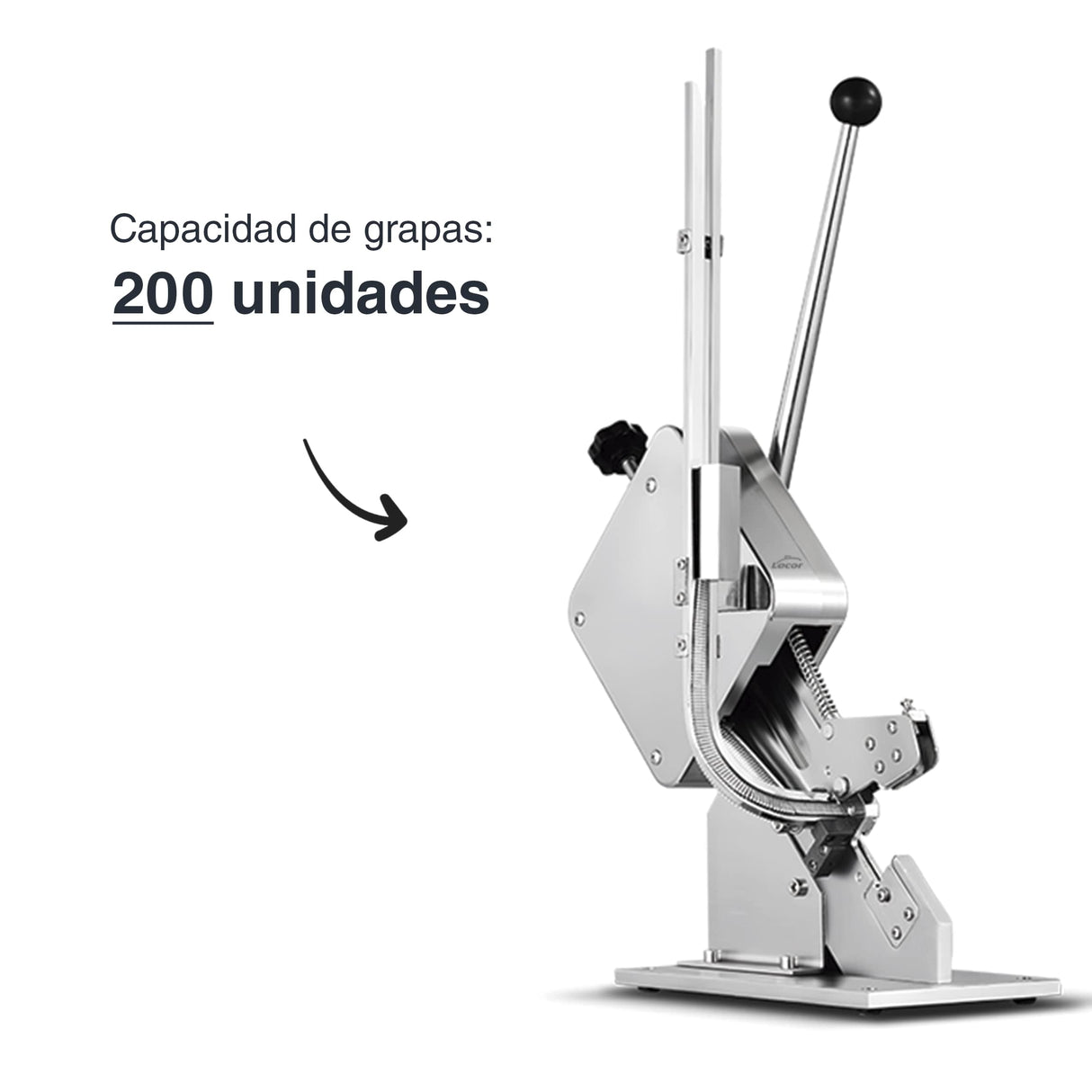 LACOR - 61200 - Clipadora para Alimentos, Atadora de Embutido, Grapadora para Embutidos, Acero Inoxidable, Capacidad de 200 Grapas, 37x15x58,5 cm