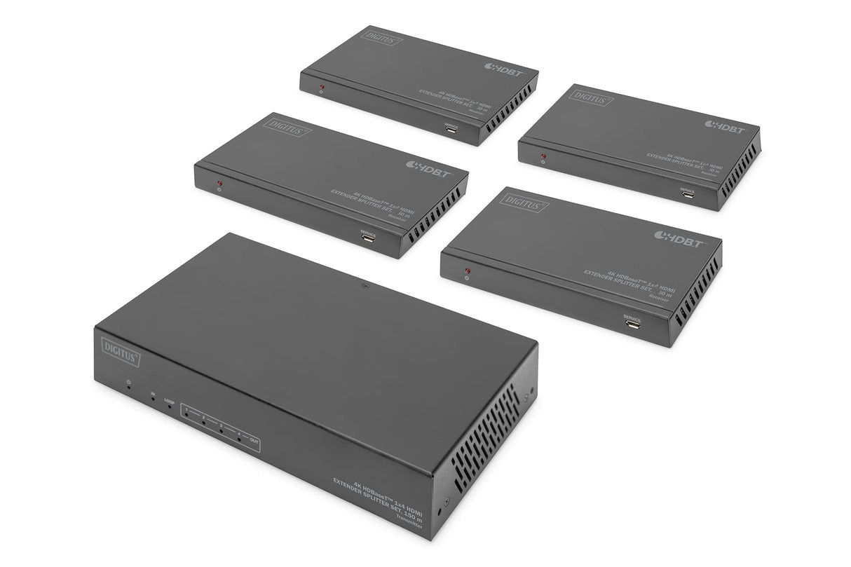 DIGITUS DS-55510 HDMI Extensor/Divisor HDMI 1:4 (HDBaseT) - UHD 4K/60 Hz - 120 m a través de cable LAN (HDBaseT 100 m) - Set: Transmisor y Receptor - Loop-Out, IR Infrarrojos, Audio, EDID, RS232