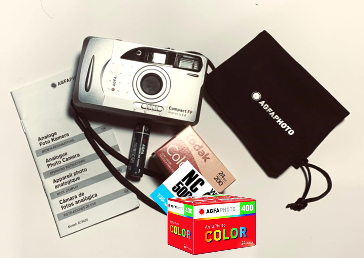 AgfaPhoto Cámara de Fotos analógica de 35 mm con Flash de Motor en Set (película de imágenes + batería)
