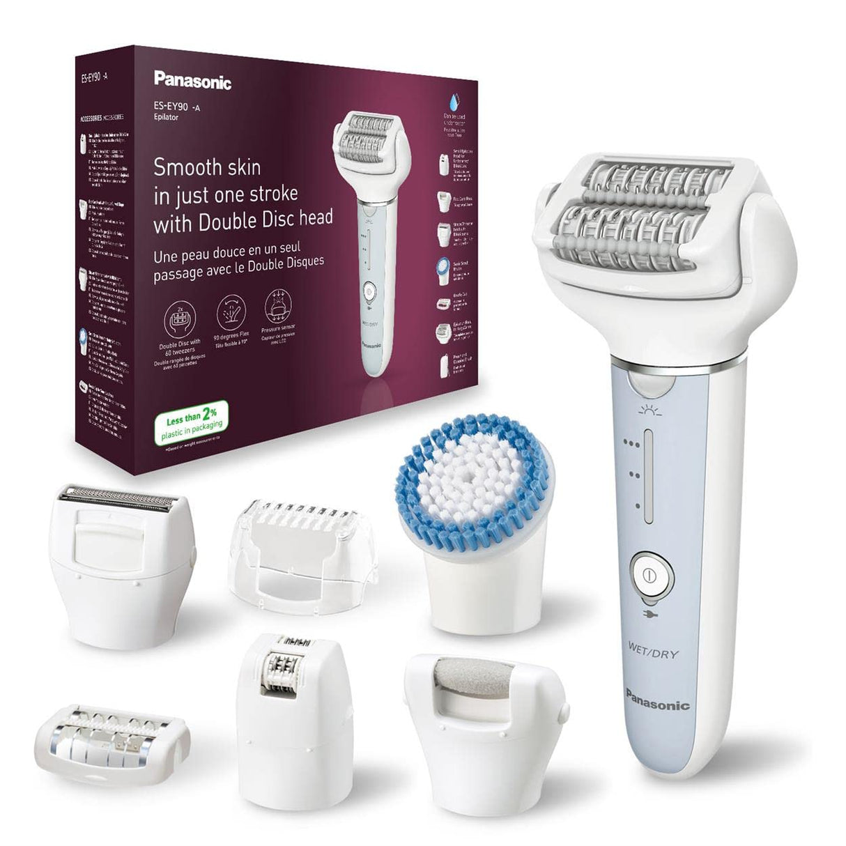 Panasonic ES-EY90-A503 Húmedo y Seco Depiladora, Doble Disco con 60 Pinzas, Flexible 90º Pivotante Cabeza, 3 velocidad Ajustes, LED Luz, 30 Min de Operación, Cabeza para Cuidado Pies, Cabeza Afeitado