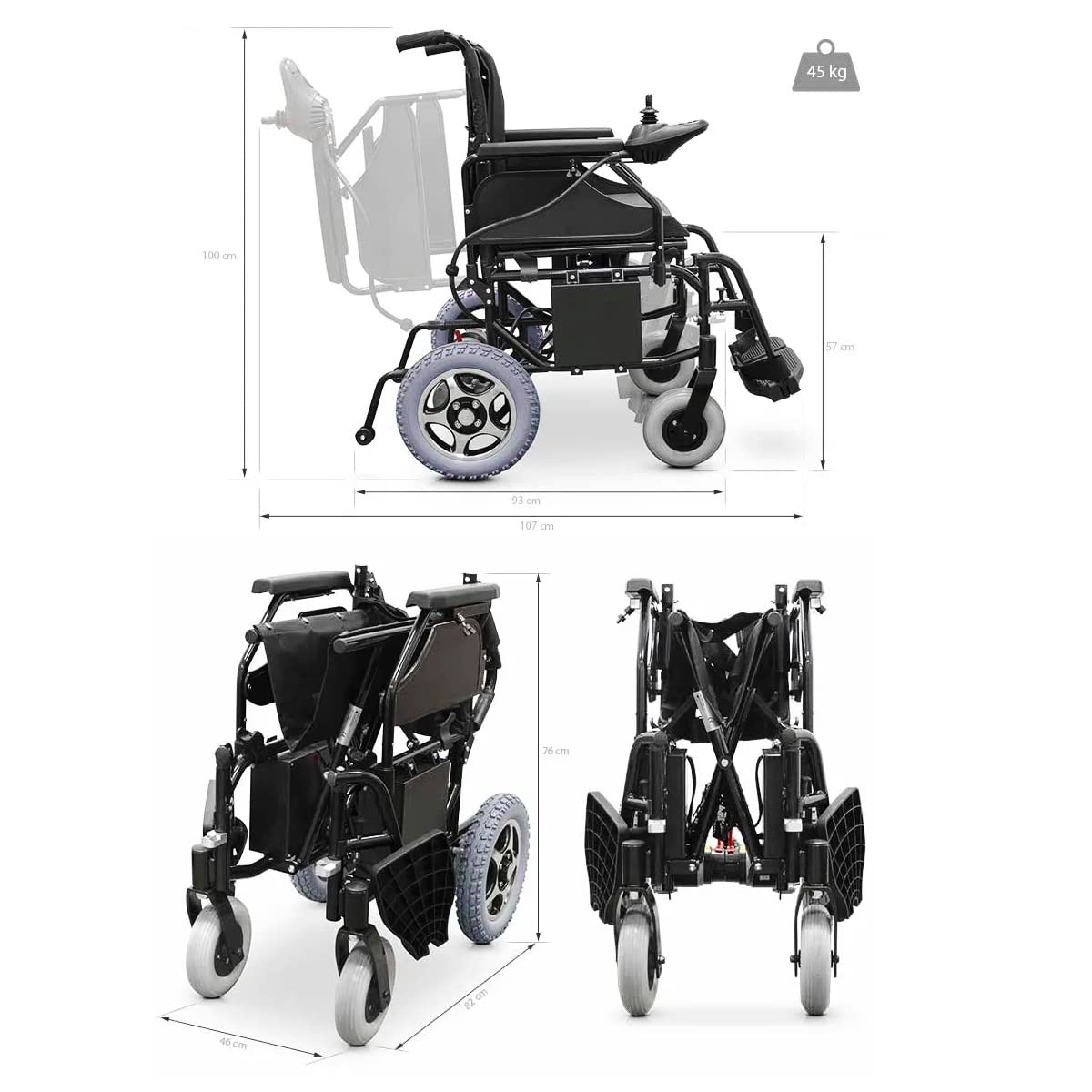 QUIRUMED Silla de ruedas eléctrica plegable EASY PLUS, Acero, Autonomía 20 Km, Frenado electromágnético, Velocidad máxima de 7 km/h, Para mayores, Para minusválidos