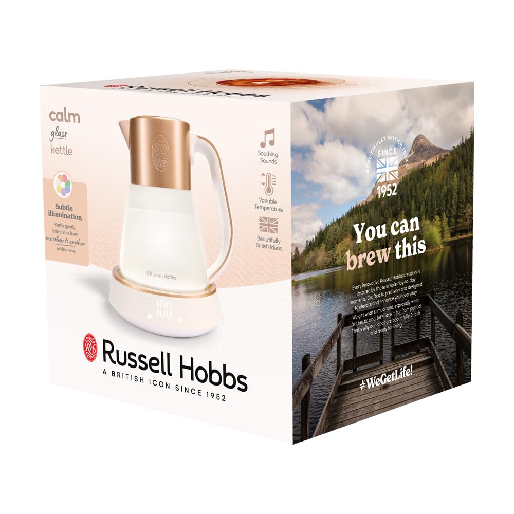 Russell Hobbs 27450-70 Hervidor de Agua Eléctrico de vidrio, 1,7L, temperatura regulable 40-100°C, Calm Iluminiación integra, música y sonidos relajantes, control táctil, 2400W