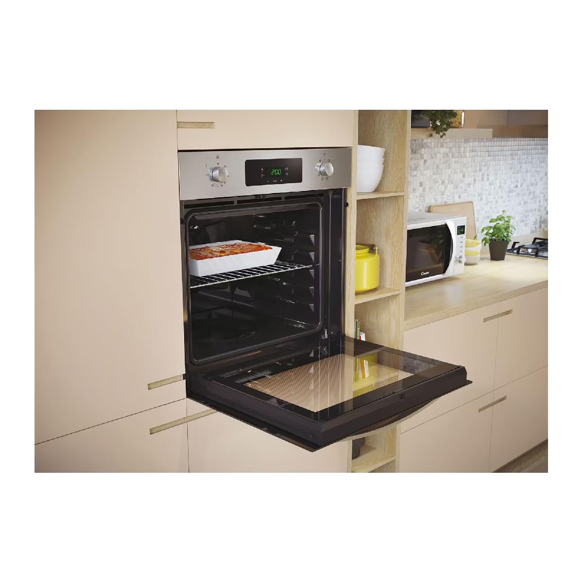 Candy Idea FIDC X605, Horno Multifunción, 65L, 2400W, 1 Bandeja y 2 Rejillas, Ventilador Radial, 9 Funciones, Temporizador, Display táctil, Puerta Doble Cristal Desmontable, Inox y Negro