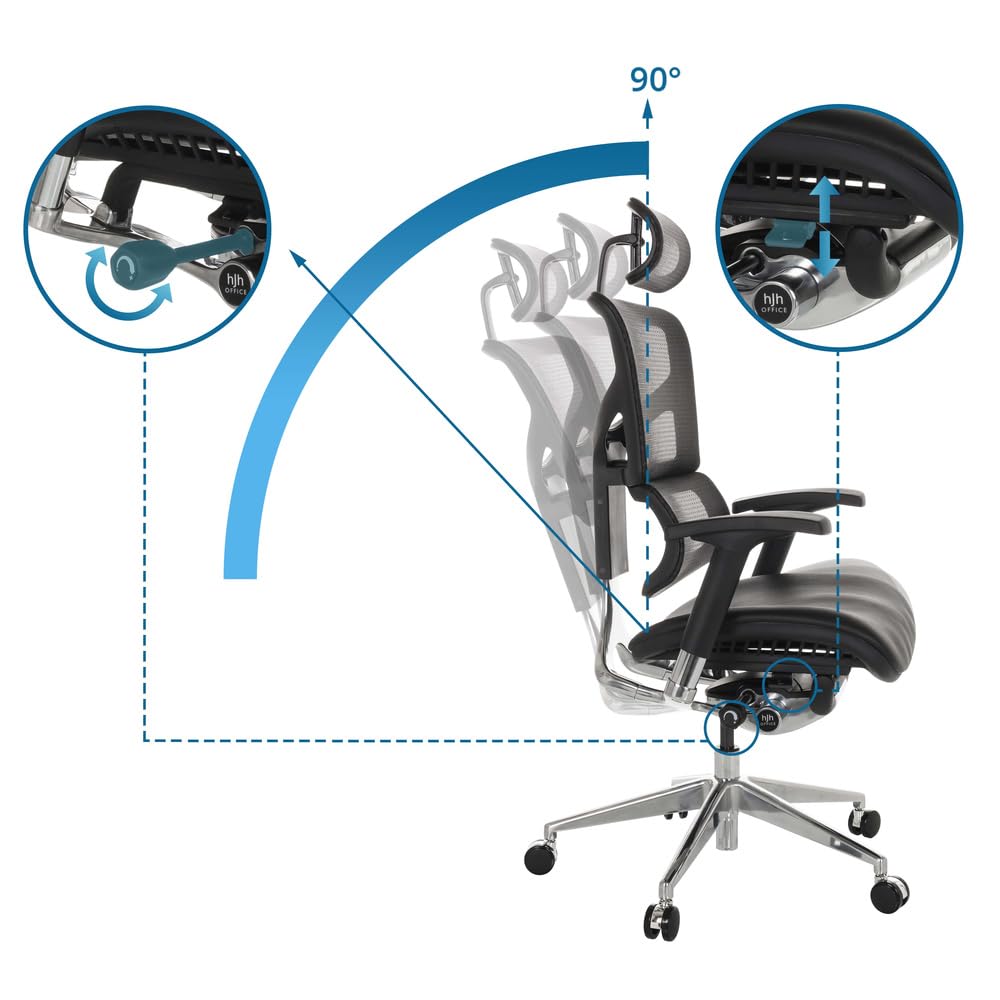 hjh OFFICE Silla de Oficina Profesional Ergo-U2 LM Silla giratoria ergonómica de Cuero, Apoyo Lumbar Flexible, Respaldo Regulable en Altura, Respaldo de Rejilla Negro 651102