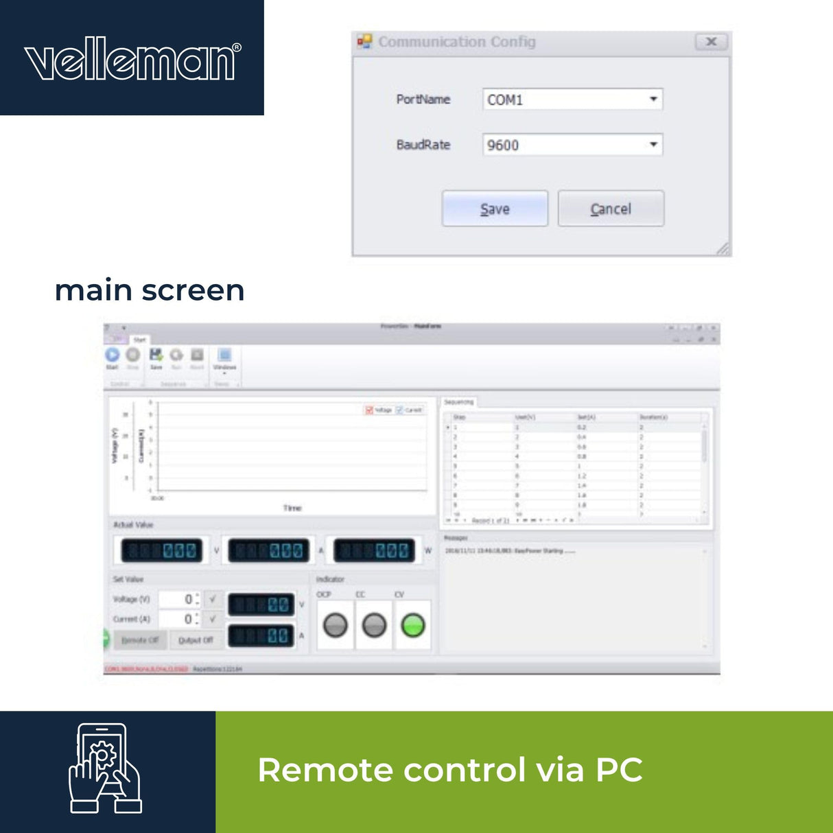 Velleman Suministro de laboratorio, programable, ajustable, 0-30 VCC/0-5 A, limitación de corriente, protección contra cortocircuitos, pantalla LCD, USB, conexión gris