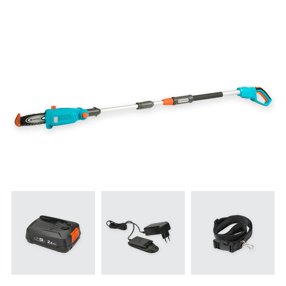 Gardena Set Ready-To-Use de podadora telescópica a batería TCS 20/18V P4A: sierra de mano hasta 4 m, 20 cm longitud de espada, cabezal flexible, inc. batería P4A 18 V y correa de transporte (14770-20)