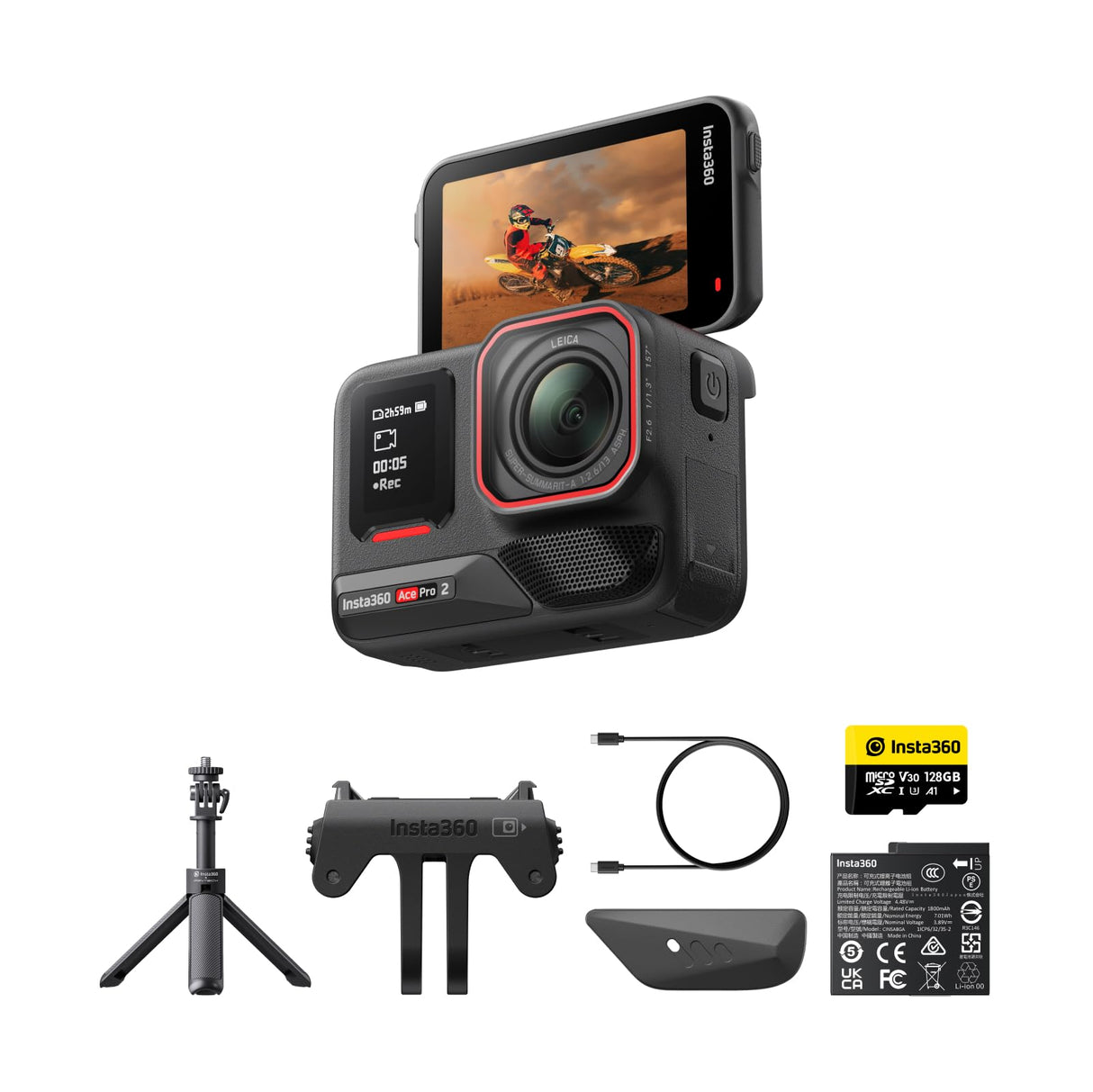 Insta360 Ace Pro 2 Paquete Get-Set - Cámara de acción 8K Impermeable co-diseñada con Leica, Sensor de 1/1,3", Dual Chip IA, excelente en Baja luz, Audio Superior, Pantalla abatible