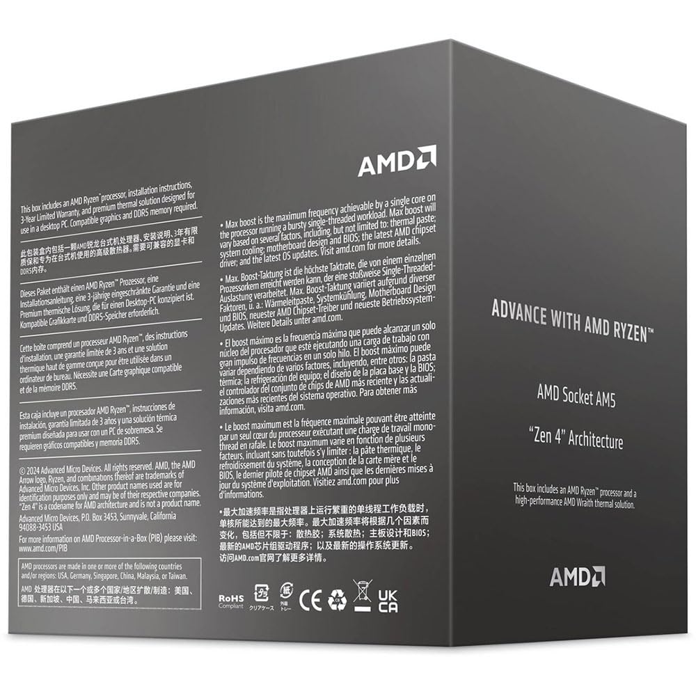 AMD Ryzen 5 8400F Procesador (6 Core/12 threads, 65W DTP, Socket AM5, 22MB Caché, Reloj de aumento máx. hasta 4.7GHz,con ventilador Wraith Stealh)