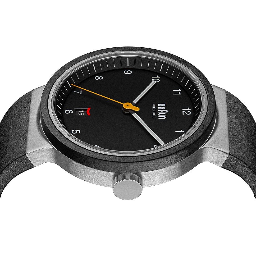Braun Automatic 3-Hand 40mm Mens Watch with Date Analogue Watch, Rubber Strap, 40mm Stainless Steel Case with Black Dial, Model BN0278BKBKG.
