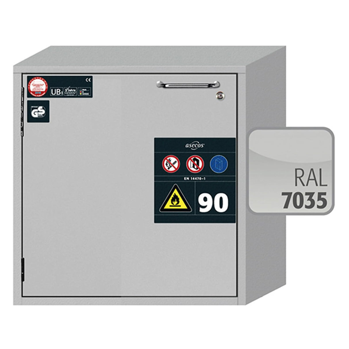 Asecos UB-T-90 - Armario de Seguridad con Puerta batiente, bisagra para Puerta Izquierda, Cerradura cilíndrica e indicador de posición de Cierre, Color Gris Claro, 593 mm de Ancho, 502 mm de