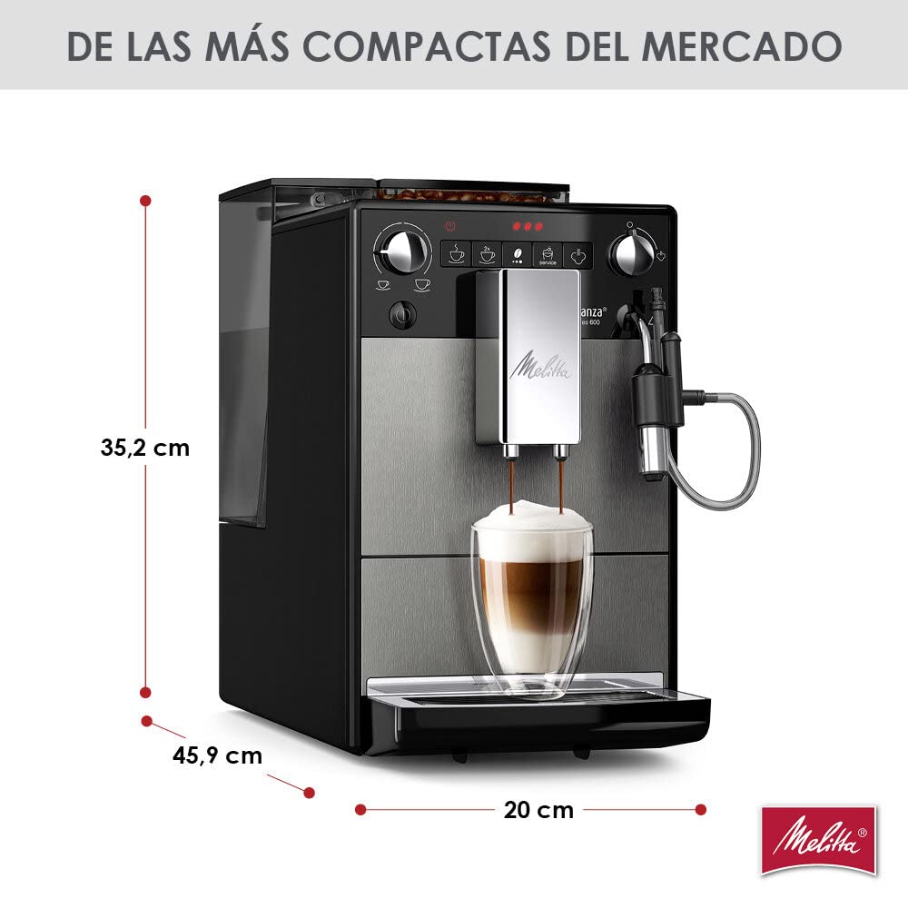 Melitta Avanza F270-100 Mystic Titan - Cafetera superautomática compacta con molinillo silencioso, máquina de café con capuchinador easy, depósitos XL, modo doble taza y limpieza automática, 1,5 L