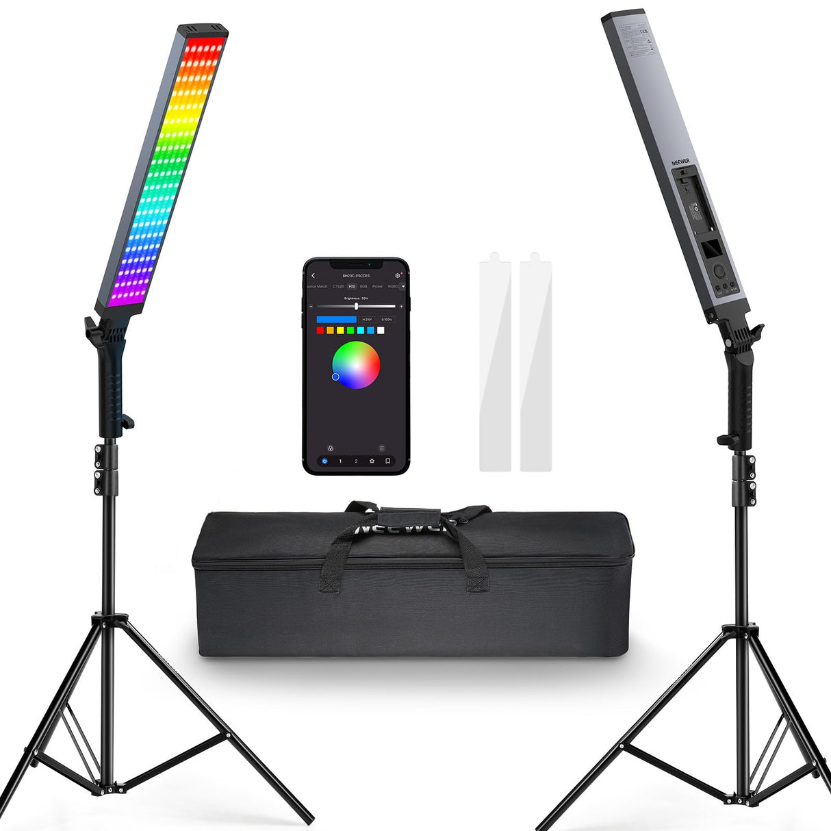 NEEWER Fotografía Barra Luz RGB Kit, Paquete de 2 Luz Tubo Video LED con Soporte, Difusor, Varita Luz Regulable 3250Lux 2500-10000K CRI95+/TLCI97+ App/2,4G/Control Panel para Live/Videos/Vlog, BH20C