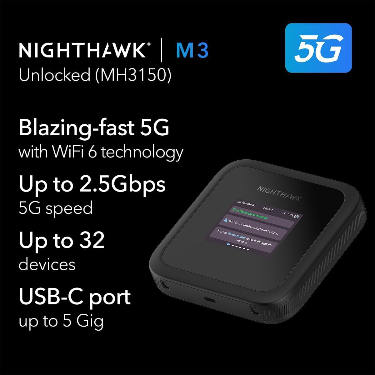 NETGEAR Nighthawk M6 Pro (MH3150), Router 5G con Ranura Sim Desbloqueada, Hotspot WiFi 5G Portátil, Router Módem Móvil 5G para Hogary Negocio, 5G & 4G MiFi, WiFi 6, hasta 32 Dispositivos