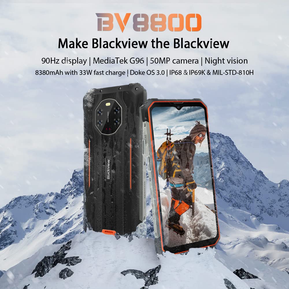 Blackview - Smartphone irrompible BV8800, 6,58 Pulgadas, 90 Hz, FHD+, AI 50 MP, Cuatro cámaras de visión Nocturna, Helio G96 8 GB + 128 GB, batería 8380 mAh, IP68 teléfono móvil Impermeable Android