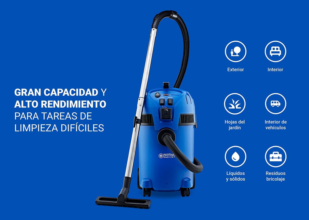Nilfisk Multi II 30L T Aspirador de Agua y Polvo Potente - Aspiradora de Bricolaje para Sólidos y Liquidos, Seco y Húmedo, Exterior e Interior (1400 W)