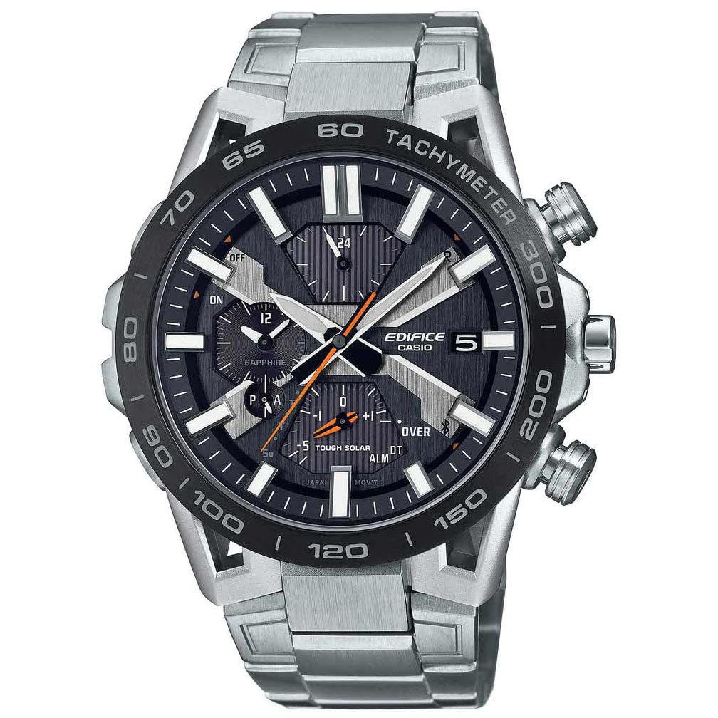 Casio Reloj Solar Hombre 55.60mm con dial Analógico Negro y Correa de Pulsera de Metal Plata EQB-2000DB-1AER