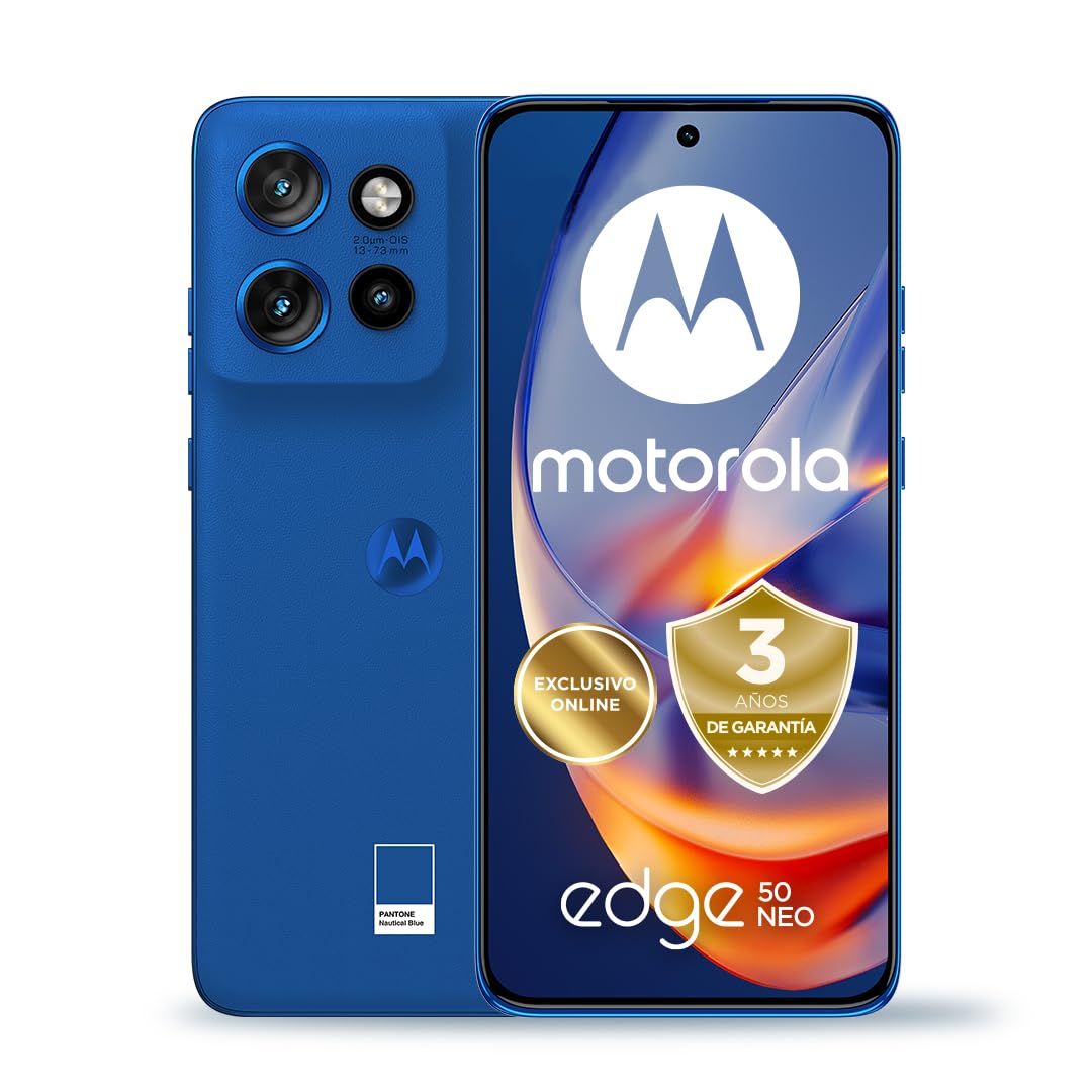 Motorola Edge 50 Neo, 24GB (12+12GB RAM Boost)/512GB, España, diseño Compacto de 6,36", Pantalla pOLED 1.5k, Cámara 50MP y Zoom Optico 3X, Carga Turbopower de 68W, Dual SIM, Funda, Navy Blue