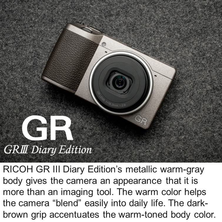 Ricoh GR III Diary Edition, Cuerpo Gris cálido Metalizado con Agarre marrón Oscuro y Anillo Plateado Natural, Sensor CMOS de tamaño APS-C de 24MP, Objetivo GR de 28mmF2.8