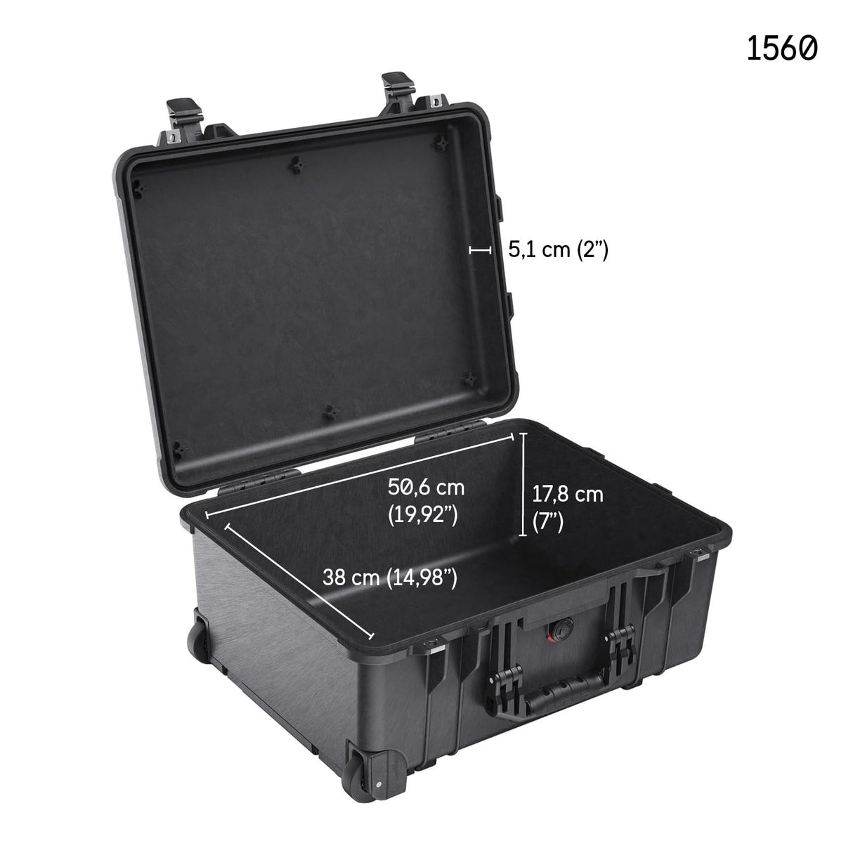 PELI 1560 Maleta Protectora rígida con Ruedas y asa Extensible, IP67 estanca e Impermeable al Polvo, 44L de Capacidad, Fabricada en Alemania, con Espuma Personalizable, Color Negro