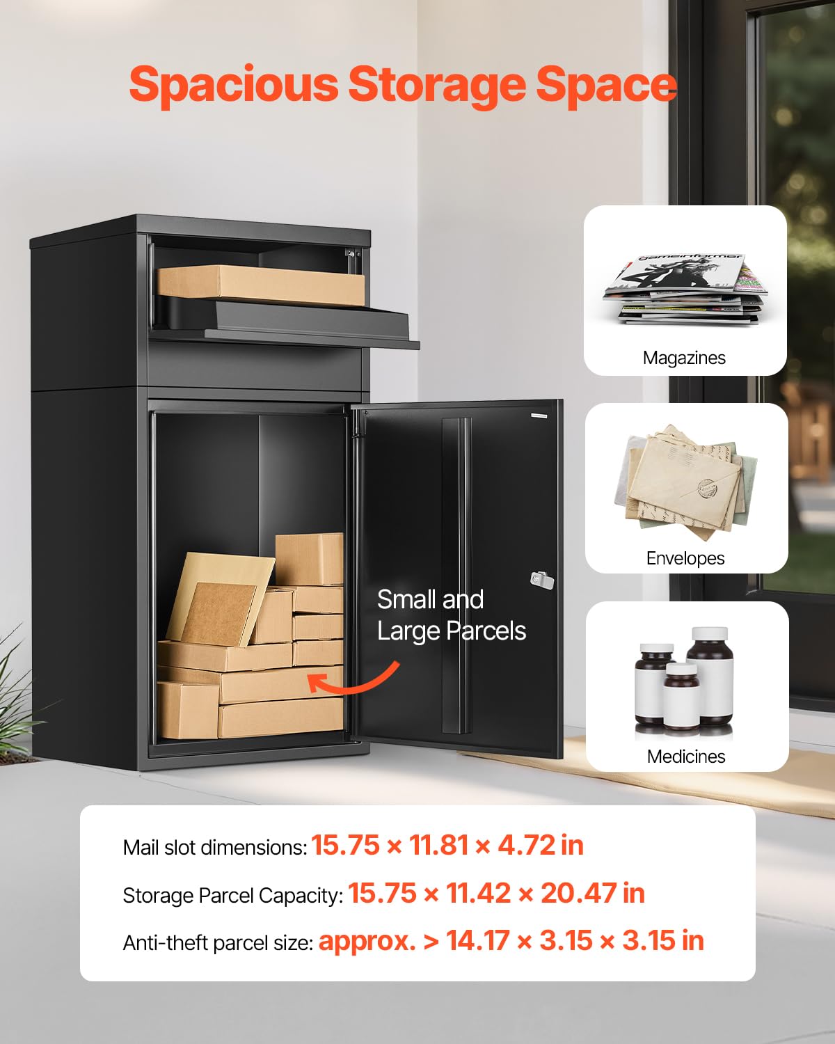 VEVOR Buzón de Correo para Paquetes de Exterior 500 x 325 x 909 mm Buzón con Cerradura de Acero Galvanizado con Diseño Antirrobo Resistente a la Intemperie para Hogar, Oficina, Porche, Negro