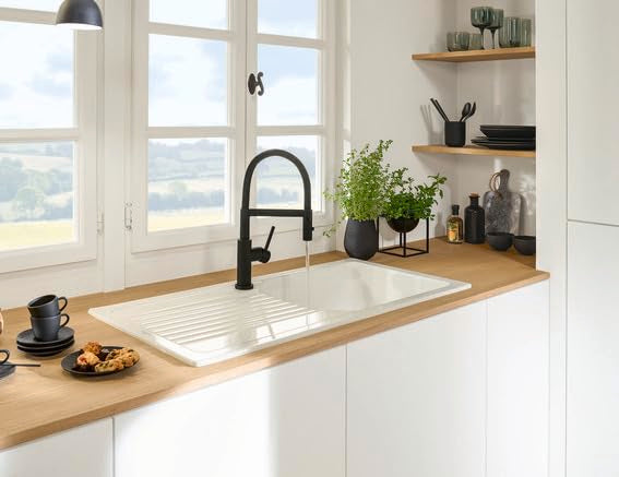 Villeroy & Boch Steel Expert Compact Window - Grifo de cocina (alta presión, montaje en ventana, ahorro de agua, altura de caño 147 mm), color negro mate