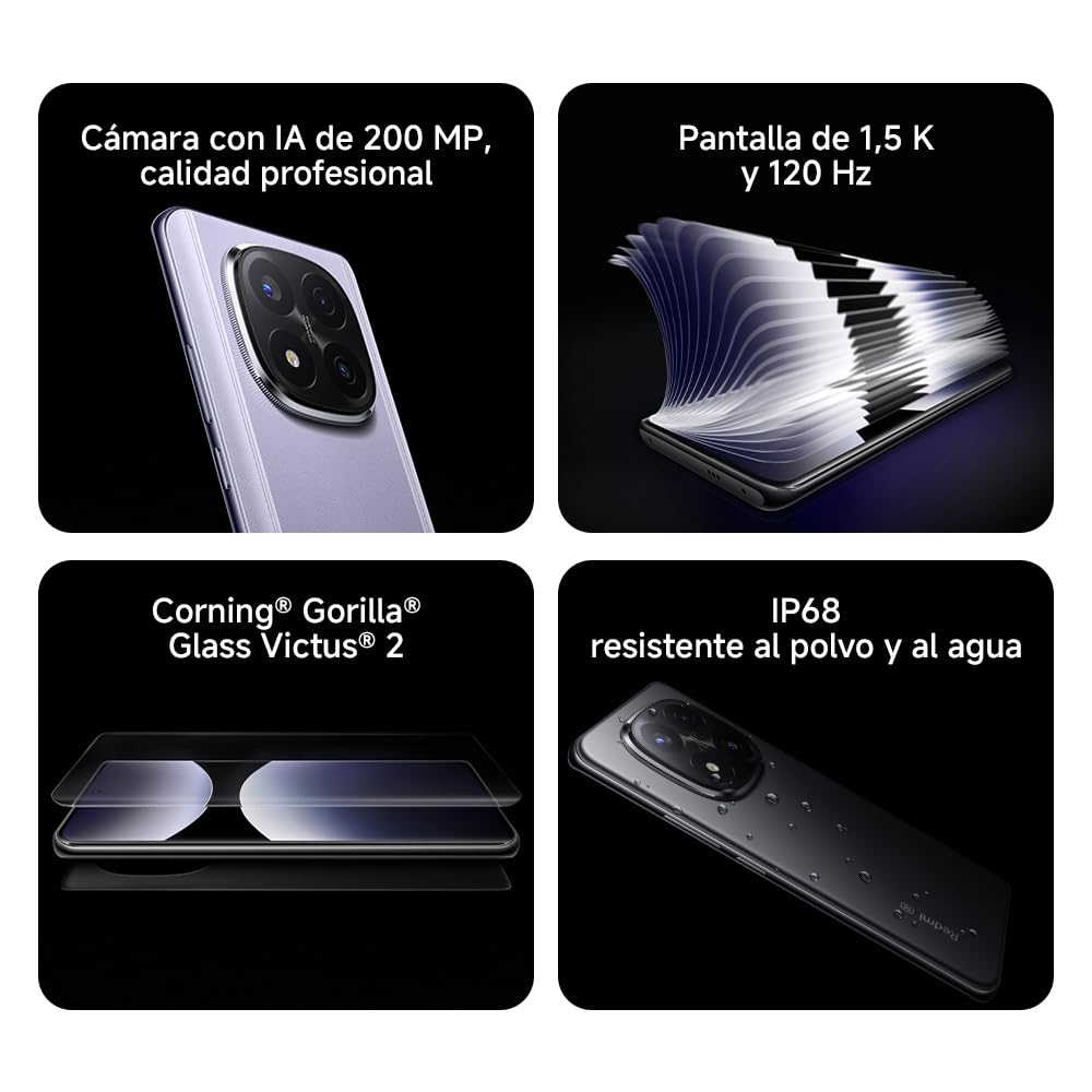 Xiaomi Redmi Note 14 Pro+ 5G - Smartphone de 8+256GB, Pantalla de 6.67" AMOLED FHD+ 120Hz, Snapdragon 7s Gen 3, cámara de 200MP, HyperCharge 120W, 5110 mAh, Cargador no Incluido, Negro (Versión ES)