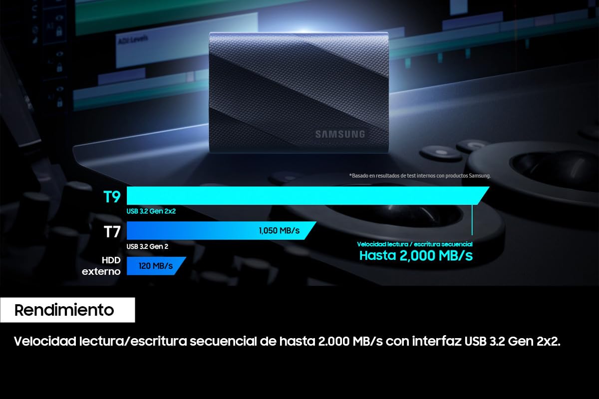 Samsung Portable SSD T9, 4 TB, Disco Duro Externo, Lectura y escritura 2.000 MB/s, USB 3.2 Gen.2x2, Para Profesionales y Creativos, Compatible con PC, Mac, Android y Cámaras 12K, Negro (MU-PG4T0B/EU)