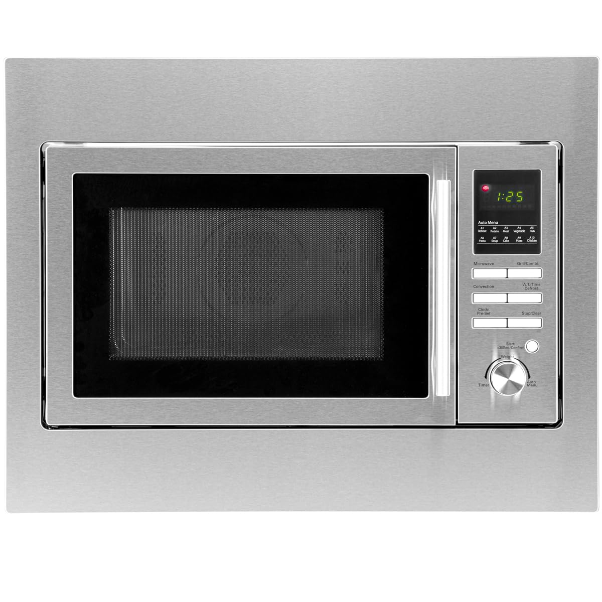 Microondas encastrable Bomann 3en1 con grill y convección,25 L de espacio de cocción, 10 programas automáticos,incl. rejilla grill y plato giratorio (Ø 32 cm),900 vatios,acero inoxidable,MWG 2216 H EB