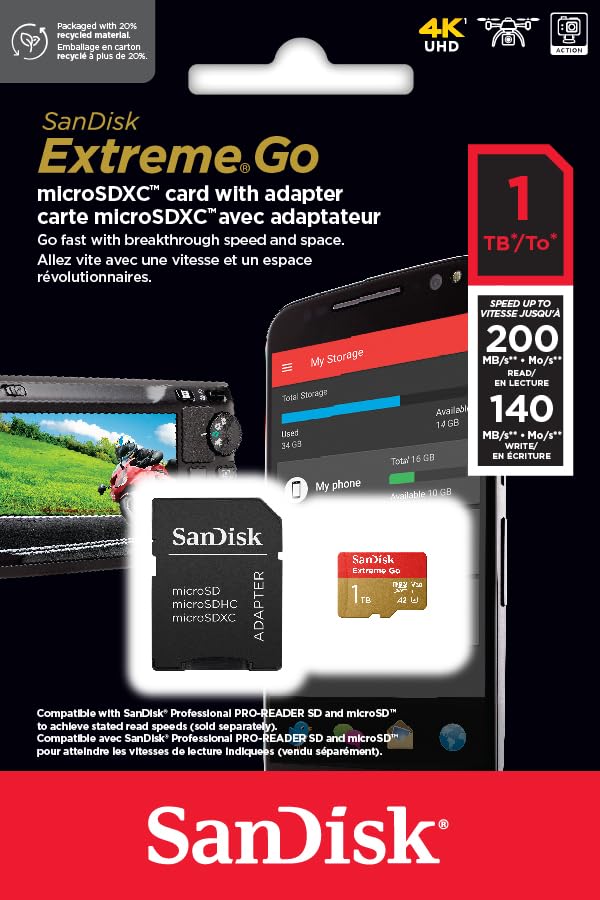 SanDisk 1TB Extreme Go Tarjeta Micro SD + Adaptador SD (para Smartphones y tabletas Android, Action Cams, Drones, UHS-I, hasta 200 MB/s, 5k, 4K UHD, V30, Rescue Pro Deluxe, Class 10, U3) para Amazon