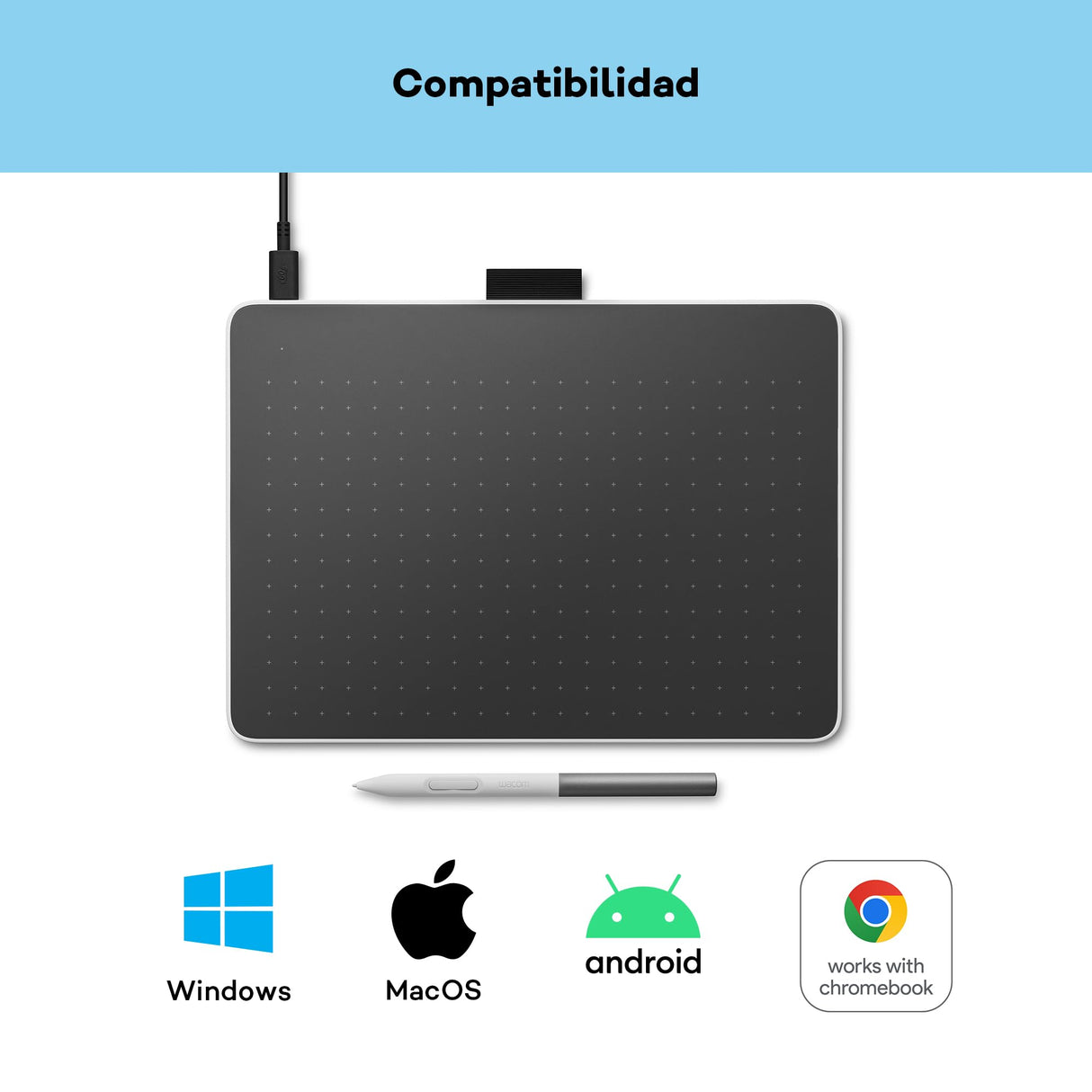Pen Tablet Wacom One M, Que Incluye lápiz con tecnología de resonancia electromagnética (EMR) sin Pilas, conexión Bluetooth, para Windows, Mac, Chromebook y Android creativos